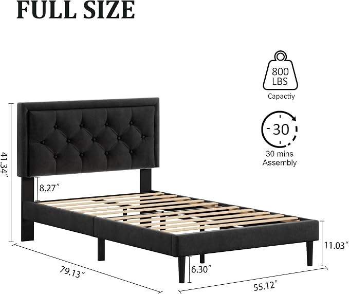 CXVX Full Size Platform Bed Frame with Upholstered Velvet Button Tufted Headboard, Mattress Foundation with Wooden Slat Support, No Box Spring Needed, Easy Assembly, Noise Free, Black