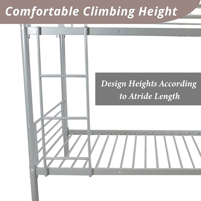 Karl home Metal Bunk Bed Twin Over Twin with Built-in Ladder, Grey | Heavy Duty Bunkbeds with Safety Guardrail and Space-Saving Design,Twin Bunk Beds for Kids, Teens & Adults, No Box Spring