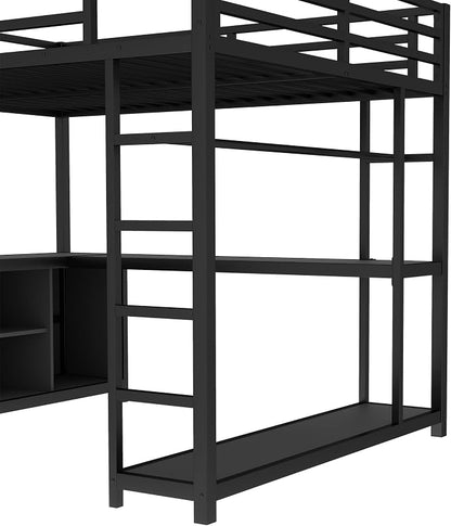 Bellemave Queen Size loft Bed with L Desk and Wardrobe, Metal Queen Size Loft Bed Frame for Adults, Kids, Teens, Black