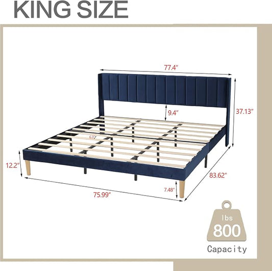 AGARTT Upholstered Platform Bed Frame King Size with Headboard and Footboard/Wooden Slats Support/No Box Spring Needed/Easy Assembly,Blue Velvet