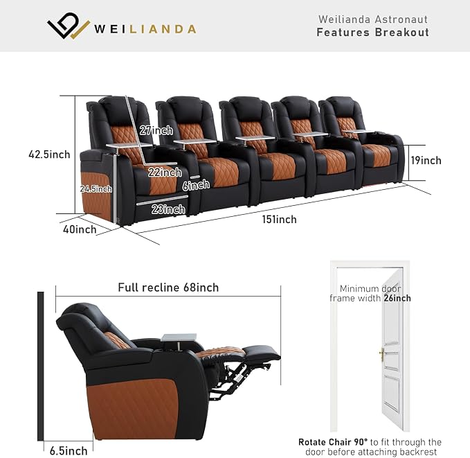 Weilianda Home Theater Seating Top Grain Leather Zero Gravity Recliner Chair Power Headrest Recline Movie Seat Gaming 7 Colors Mood Light Sofa with Tray Table Row of 5 Black Camel