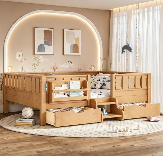 Bellemave Full Size Kids Bed with high Rails and with Built-in Bookshelf and Drawers for Kids, Girls, Boys, Wood Montessori Bed Without Door, Light Natural