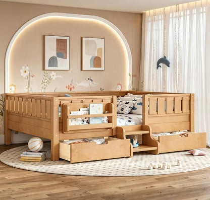 Bellemave Full Size Kids Bed with high Rails and with Built-in Bookshelf and Drawers for Kids, Girls, Boys, Wood Montessori Bed Without Door, Light Natural