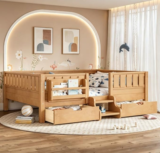 Bellemave Full Size Kids Bed with high Rails and with Built-in Bookshelf and Drawers for Kids, Girls, Boys, Wood Montessori Bed Without Door, Light Natural