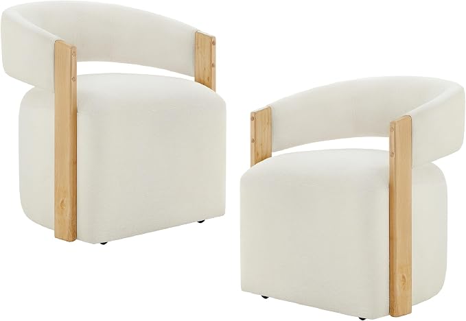 KISLOT Upholstered Dining Chairs Set of 2, Modern Rolling Dining Chairs with Hidden Casters, Wooden Arm Kitchen Chairs with Linen Look Fabric, Padded Barrel Chairs for Dining Room, Kitchen, Linen