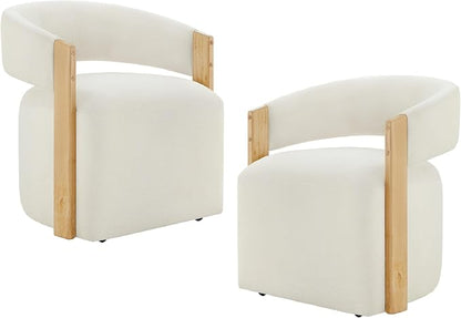 KISLOT Upholstered Dining Chairs Set of 2, Modern Rolling Dining Chairs with Hidden Casters, Wooden Arm Kitchen Chairs with Linen Look Fabric, Padded Barrel Chairs for Dining Room, Kitchen, Linen