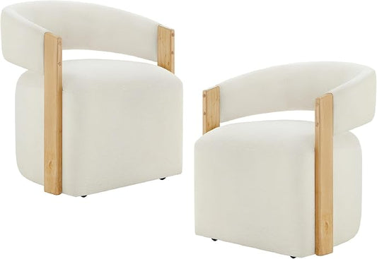 KISLOT Upholstered Dining Chairs Set of 2, Modern Rolling Dining Chairs with Hidden Casters, Wooden Arm Kitchen Chairs with Linen Look Fabric, Padded Barrel Chairs for Dining Room, Kitchen, Linen