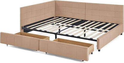 Bellemave Full Size Corner Bed Frame with Storage Drawers, Comfortable Backrest and Armrests, Velvet Tufted Corner Bed Frame Full Size, Upholstered Daybed for Bedroom, Living Room, Guest Room, Pink
