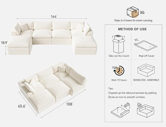 Cloud Sectional Couches for Living Room | 144 Inch U-Shaped Boneless Couch with Ottoman | Ivory White Modular Sectionals Sofa Couch