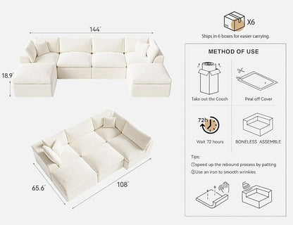 Cloud Sectional Couches for Living Room | 144 Inch U-Shaped Boneless Couch with Ottoman | Ivory White Modular Sectionals Sofa Couch