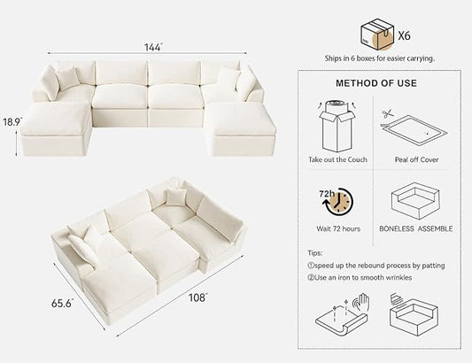 Cloud Sectional Couches for Living Room | 144 Inch U-Shaped Boneless Couch with Ottoman | Ivory White Modular Sectionals Sofa Couch