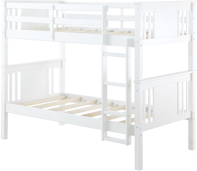 DHP Dylan Convertible Wood Bunk Bed, Stackable and Detachable Bed Frames for Kids and Teens, with Ladder, High Guardrail, Wood Slats, No Boxspring Required, Twin-Over-Twin, White
