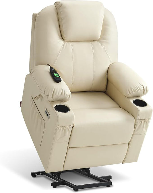 MCombo Power Lift Recliner Chair for Elderly, Lift Chair with Heat and Massage, FSC Certified, USB Ports, Cup Holders, Faux Leather 7141 (Cream White, Small)