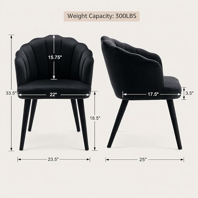 Hyfirm Velvet Dining Chairs Set of 6, Upholstered Modern Kitchen Dining Chairs with Petal Back & Fabric Covered Wooden Legs, Comfy Accent Armchairs for Bedroom/Kitchen/Vanity, Black