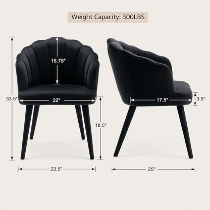 Hyfirm Velvet Dining Chairs Set of 6, Upholstered Modern Kitchen Dining Chairs with Petal Back & Fabric Covered Wooden Legs, Comfy Accent Armchairs for Bedroom/Kitchen/Vanity, Black