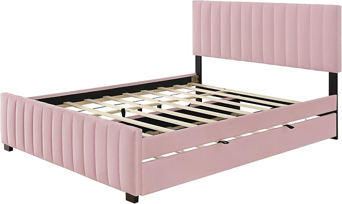 Ball & Cast Queen Bed Frame with Twin XL Size Trundle,Velvet Upholstered Platform Bed Frame Queen Size with Channel Tufted Headboard,Wood Slats Support,No Box Spring Needed,Easy Assembly,Pink