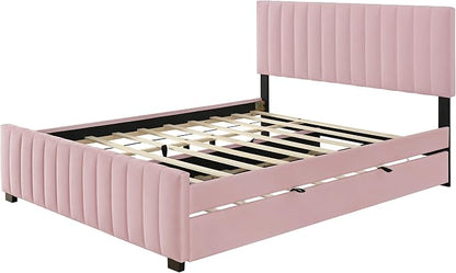 Ball & Cast Queen Bed Frame with Twin XL Size Trundle,Velvet Upholstered Platform Bed Frame Queen Size with Channel Tufted Headboard,Wood Slats Support,No Box Spring Needed,Easy Assembly,Pink