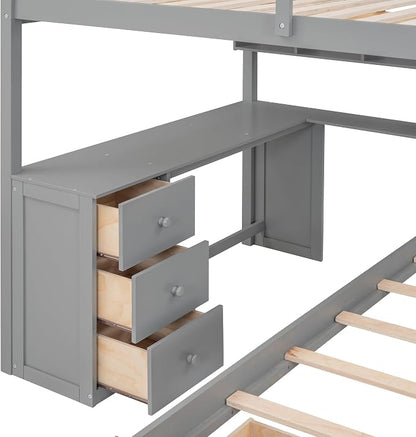 Merax Full Over Twin Bunk Bed with Desk,Drawers and Shelves,Full Size Loft Bed Frame with Stairs Storage and Drawers,Gray