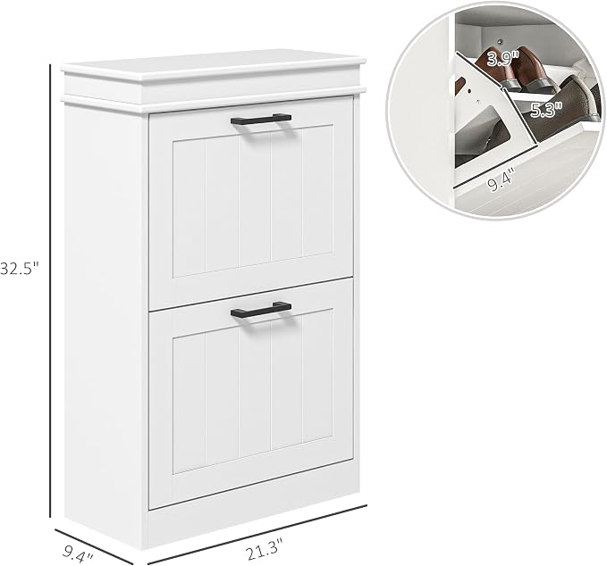 HOMCOM Narrow Shoe Cabinet with 2 Flip Drawers, Modern Freestanding Shoe Storage Cabinet with Adjustable Shelves for Entryway, Hallway, White