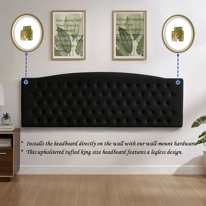 24KF Upholstered Tufted Button Velvet Wall Mounted Headboard,Comfortable Fashional Headboard King/CA King Size, 6058-K-Black