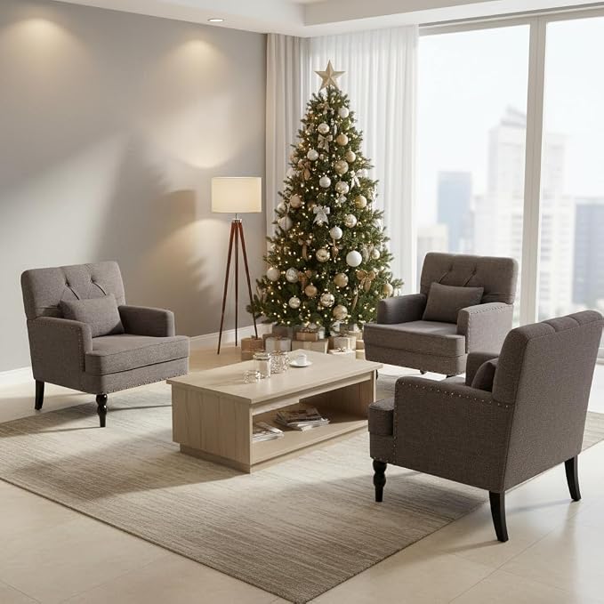 HUIMO Tufted Club Chair Set of 2 with Lumbar Pillow,Accent Chair Upholstered Button Armchair, Linen Fabric Sofa Chairs for Bedroom, Living Room, Mid Century Modern with Reading Chair (2, Gray)