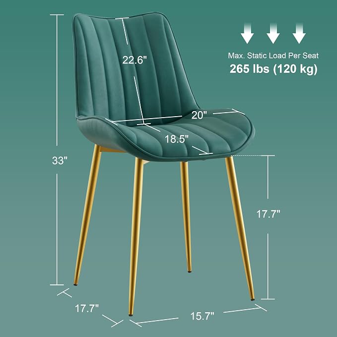 VECELO Dining Chairs Set of 2, Velvet Fabric & Metal Frame, Mordern Style for Kitchen, Living Room,Offcie, Green