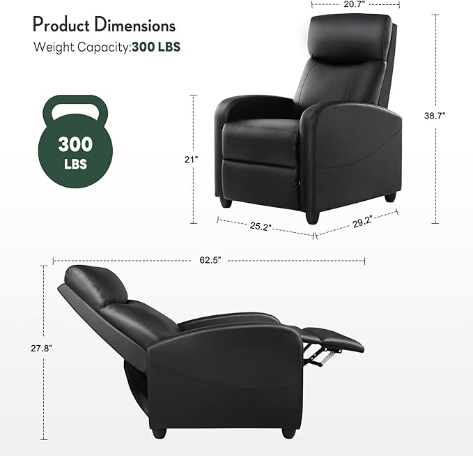Recliner Chair, Recliner Sofa PU Leather for Adults, Recliners Home Theater Seating with Lumbar Support, Reclining Sofa Chair for Living Room, Black
