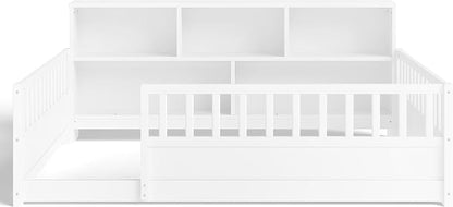 Bellemave Kids Montessori Floor Bed Full Size,Floor Bed Frame with Bookcase and Fence for Kids Boys Girls,White
