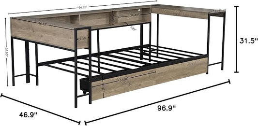 Bellemave Twin Corner Bed Frame with Desk and Storage, Twin Size Captains Bed with Charging Station and LED Light, Wood Daybeds with L-Shaped Bookcase and 2 Drawers, Grey