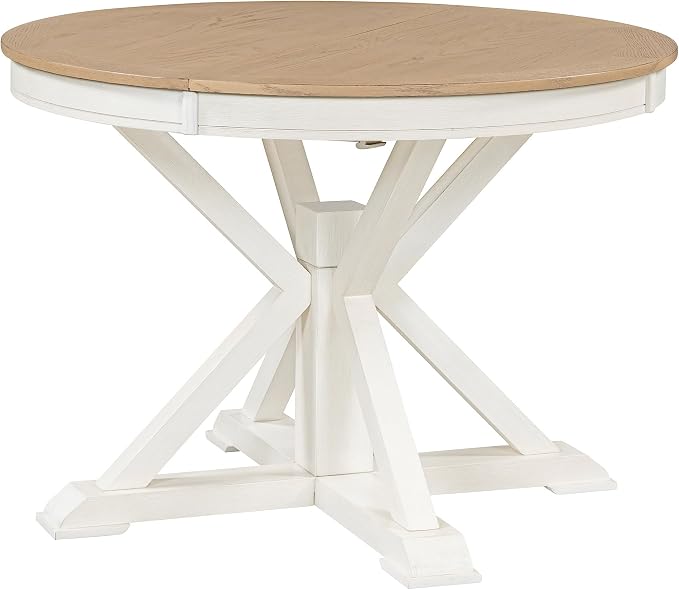 LUMISOL 42"-54" Extendable Round Dining Table for 4-6, Farmhouse Round to Oval Kitchen Table with 12" Removable Leaf and Pedestal Base for Dining Room, Living Room, Oak Natural Wood+Off White
