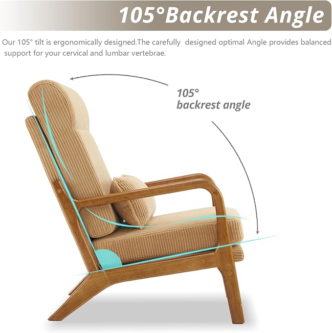 Karl home Accent Chair High Back Mid-Century Modern, Khaki | Corduroy Upholstered, Walnut Color Solid Rubber Wood Frame, Soft Cushion with Pillow, For Living Room, Bedroom, Balcony