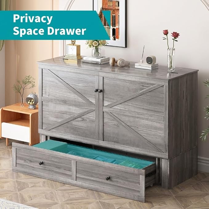 BALUS 57" Width Murphy Bed with Mattress, Full Size Cabinet Bed Frame with USB Charging Station & Large Storage Drawer, Full Murphy Bed, Cabinet Beds for Bedroom/Guest, Dark Grey