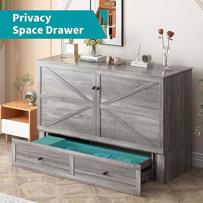 BALUS 57" Width Murphy Bed with Mattress, Full Size Cabinet Bed Frame with USB Charging Station & Large Storage Drawer, Full Murphy Bed, Cabinet Beds for Bedroom/Guest, Dark Grey