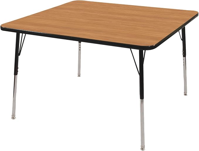 Norwood Commercial Furniture Adjustable Height Classroom Activity Table for Kids & Adults, Square Activity Table for School and Home, Pasadena Oak/Black, 48" W x 48" L