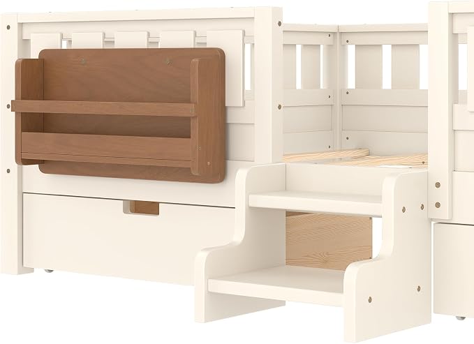 Bellemave Queen Bed with Storage Drawers & Bookshelf, Low Profile Kids Bed Frame with Staircase & Full Length Guardrails, Solid Wood Queen Bed for Kids with Slats Load 550LBS, Easy Assembly, Beige