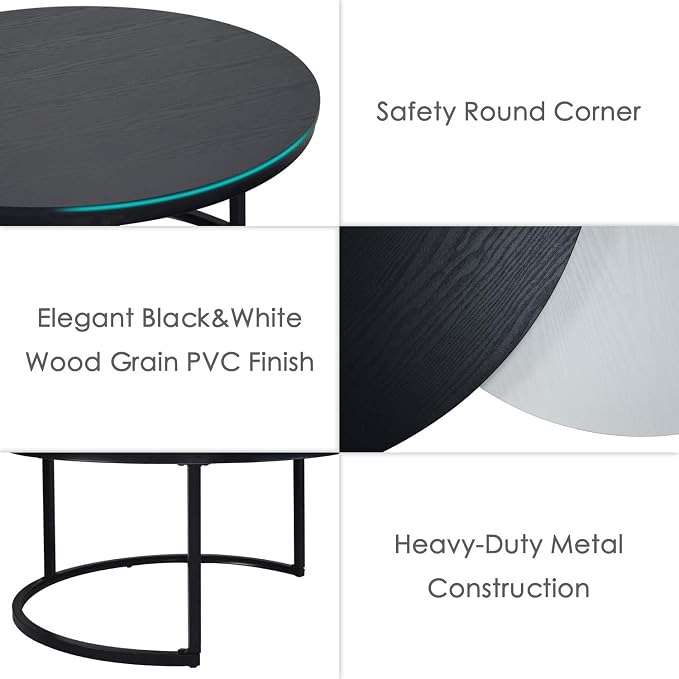 WiberWi Round Coffee Table, Nesting Tables Set of 2, Large : Ø 34.0", Small : Ø 26.0", Modern Design Furniture Side End Table for Living Room, Metal Frame Sofa Table Cocktail Table, Black & White