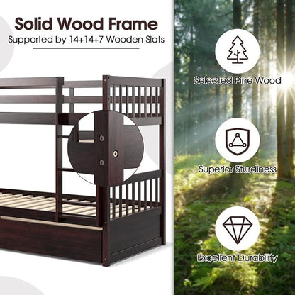 NAFORT Twin Over Full Bunk Bed with Trundle, Solid Wood Bunk Bed Frame, Ladder & Guardrails, Converts to 2 Platform Beds for Kids/Teens/Guests (Espresso, Twin Over Twin with Trundle)