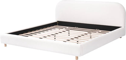 Merax King Size Teddy Fleece Thick Fabric Upholstered Platform Bed with Curved Shaped Headboard, Wood Bed Frame with Solid Round Legs for Kids Teens Adults, White