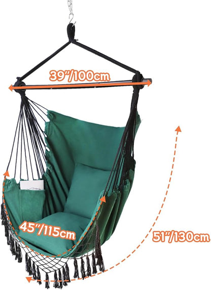 Hammock Chair Hanging Rope Swing Chair,Max 450 Lbs, Large Hanging Chair with Pocket, 2 Cushions, Removable Steel Bar, Hardware Kit Included, Superior Comfort for Indoor Outdoor (Dark Green)