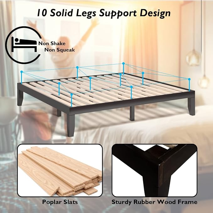 KOMFOTT 14 Inches Wood Platform Bed Frame King Size, Wooden Mattress Foundation with Rubber Wood Frame, Strong Wooden Slat Support, No Box Spring Needed, Bed Frame (Dark Brown)