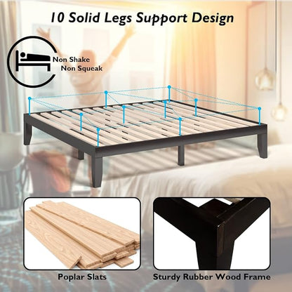 KOMFOTT 14 Inches Wood Platform Bed Frame King Size, Wooden Mattress Foundation with Rubber Wood Frame, Strong Wooden Slat Support, No Box Spring Needed, Bed Frame (Dark Brown)