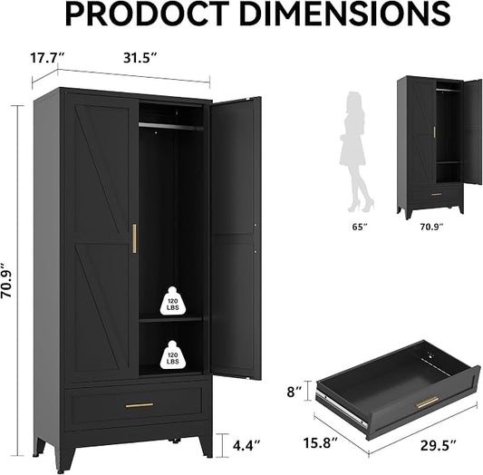 COFaR Modern Black Metal Wardrobe Closet, 71" Tall Steel Armoire with Drawer, Hanging Rod & Adjustable Shelf, 2-Door Freestanding Storage Cabinet for Bedroom, Closet Organization (Black)