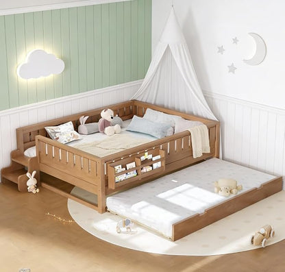 Bellemave Queen Size Kids Bed with high Rails and with Built-in Bookshelf and Trundle for Kids, Girls, Boys, Wood Montessori Bed Without Door, Natural