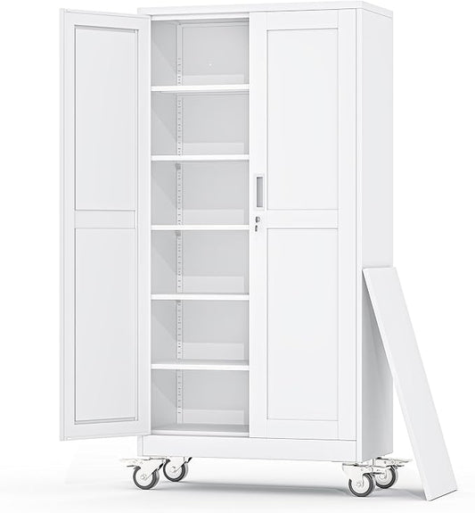 Metal Garage Storage Cabinet, 74”Tall Rolling Utility Cabinet White | storage system with Wheels, Lock, 5 Adjustable Shelves, Heavy Duty Steel Tool Locker for Home Office, Utility Room, Gym