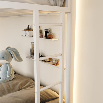 ikalido Metal Loft Bunk Bed Twin Over Full Size with Landder, Cream White | Safety Guardrail,No Box Spring Needed, Space Saving Bedroom Furniture