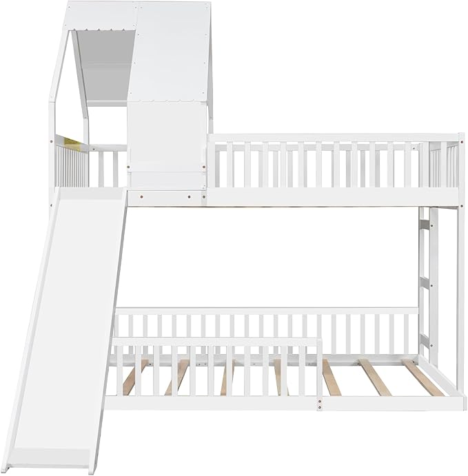 SOFTSEA House Bunk Bed with Slide, Full XL Over Queen Wood Floor Bunk Bed Frame with Roof, Guardrails and Ladder, Space-Saving, White