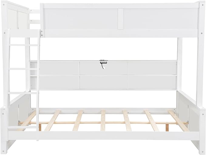 RUNNA Twin XL Over Queen Bunk Bed with Storage,USB, Antique White | Twin XL over queen bunk bed with storage, USB, solid pine wood, guardrails, no box spring needed, antique white
