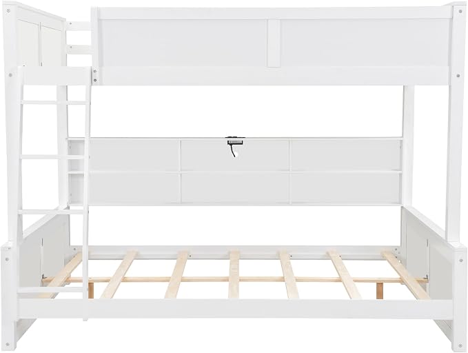 RUNNA Full XL Over Queen Bunk Bed with Storage Cabinets,USB,Antique White | Full XL on top for teens, queen below for adults. Solid pine frame, full guardrails & built-in charging—every bed, every age.
