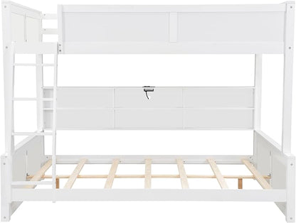 RUNNA Full XL Over Queen Bunk Bed with Storage Cabinets,USB,Antique White | Full XL on top for teens, queen below for adults. Solid pine frame, full guardrails & built-in charging—every bed, every age.