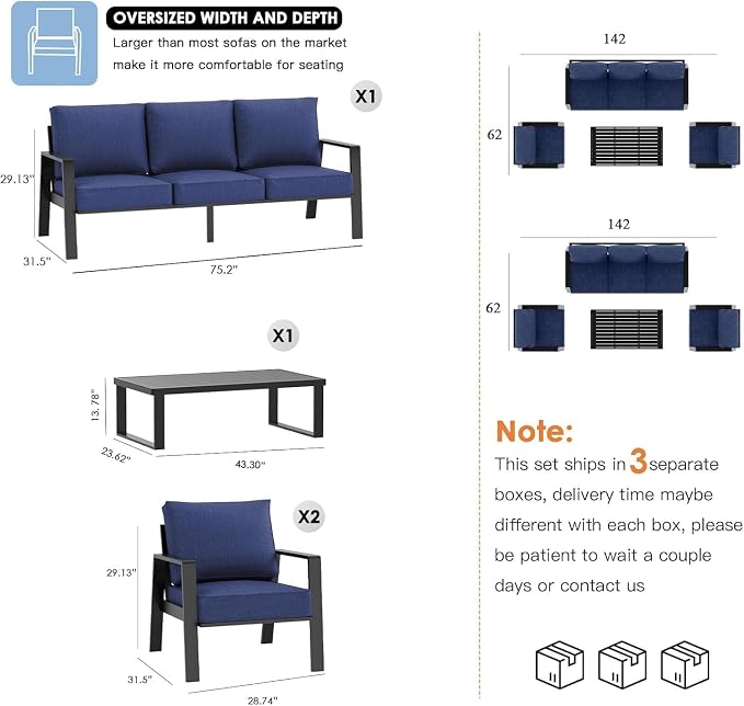 Aluminum Outdoor Patio Furniture Set, 4 Piece Sectional Coversation Sets with Coffee Table, Modern Outdoor Sofa Couch with Thick Cushions for Porch, Balcony, Garden (Black/Blue)